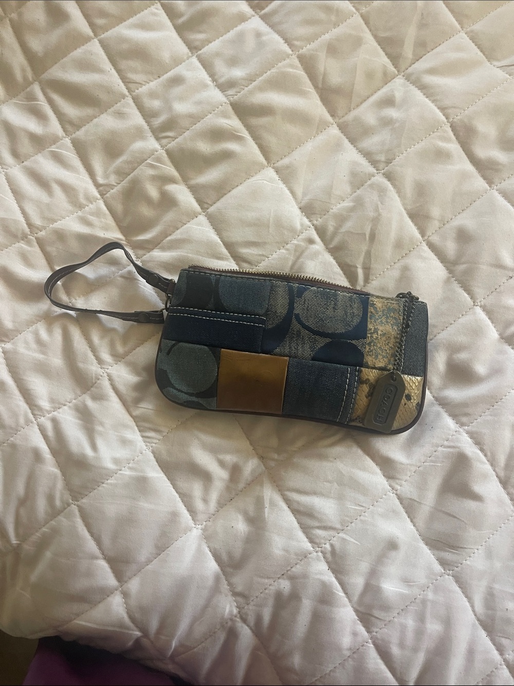 Coach Patchwork Wristlet in Blue and Brown with Gold Accent - Picture 3 of 3